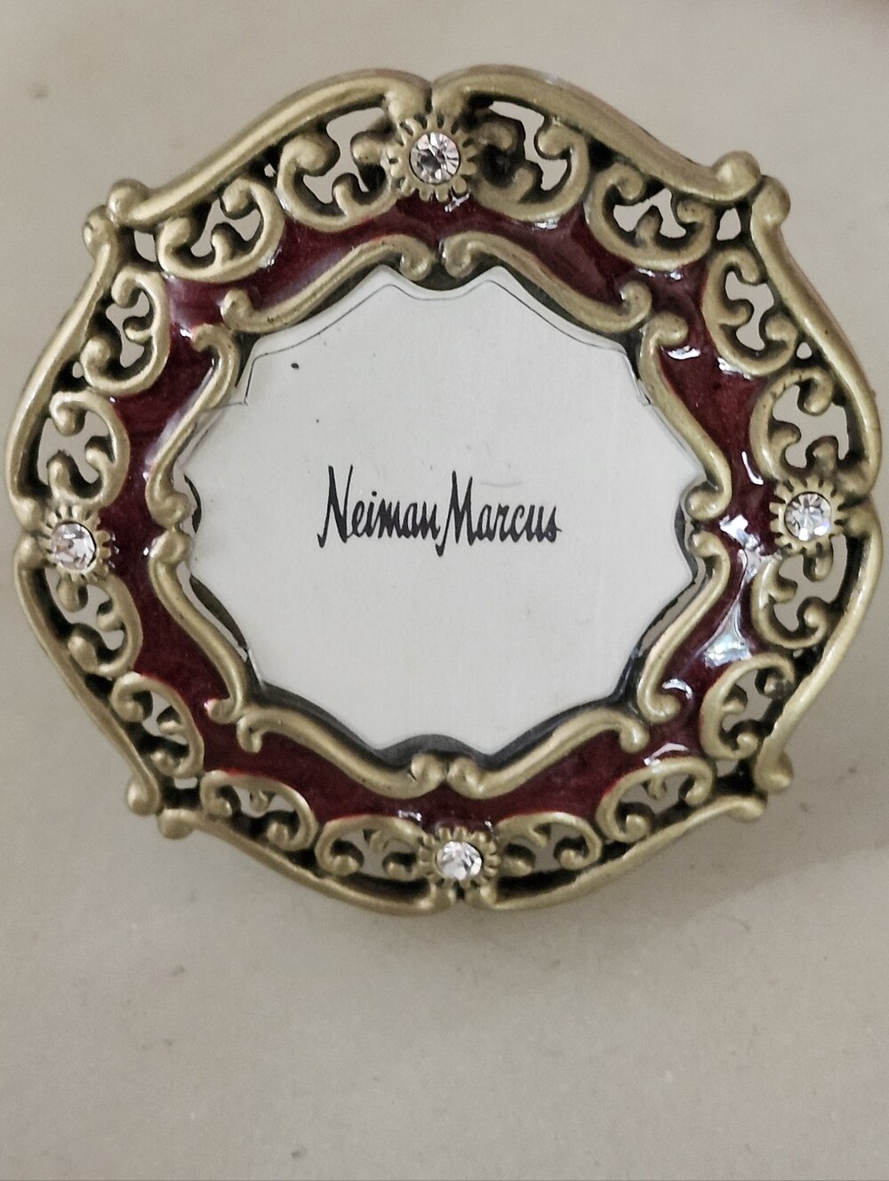 Jay Strongwater For Neiman Marcus Red and Gold Filigree Round Mini Picture Frame